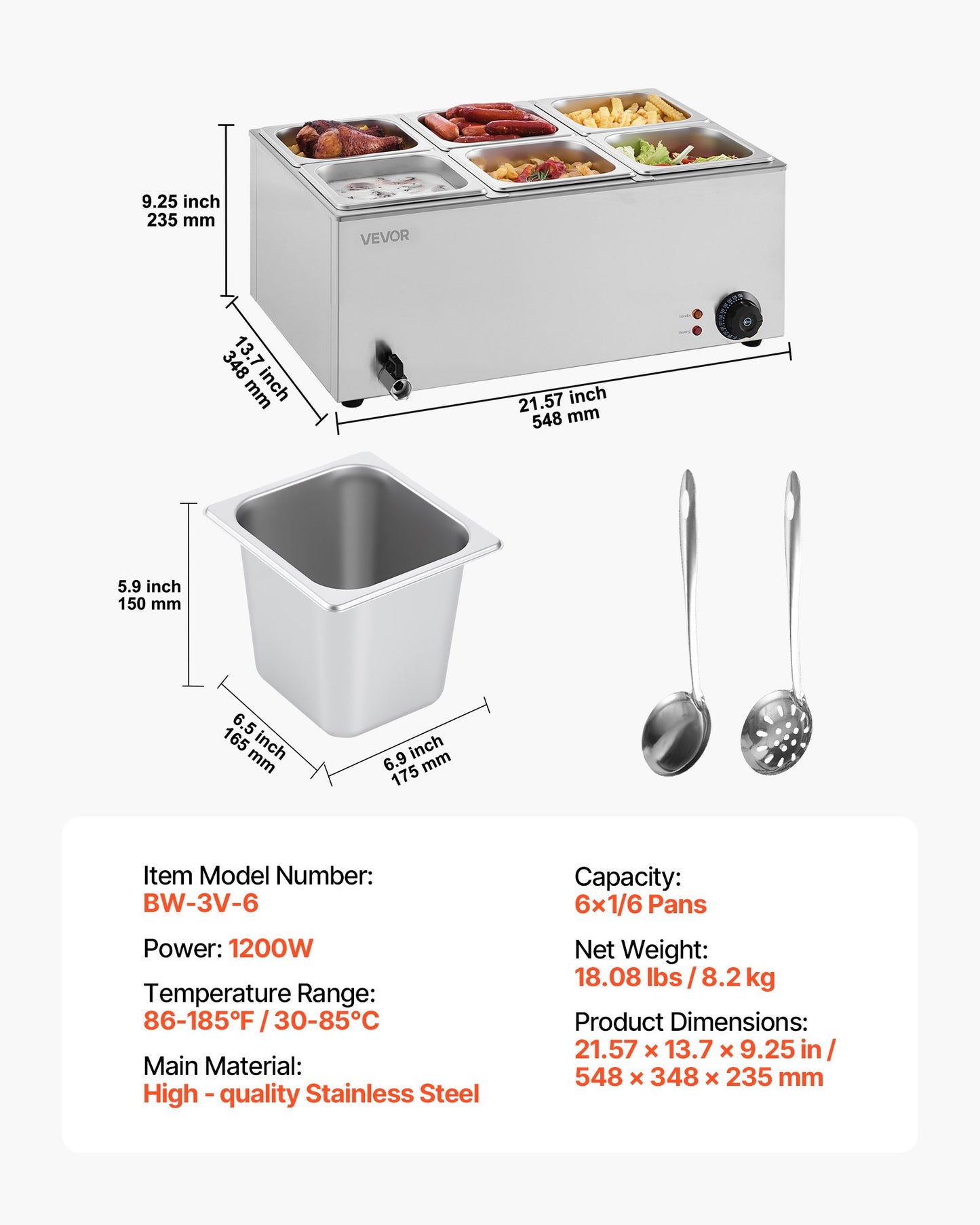 24QT Commercial Food Warmer, 6-Pan Electric Steam Table, 1200W Professional Countertop Stainless Steel Buffet Bain Marie with 86-185°F Temp Control for Catering, Buffet, Parties, Restaurants