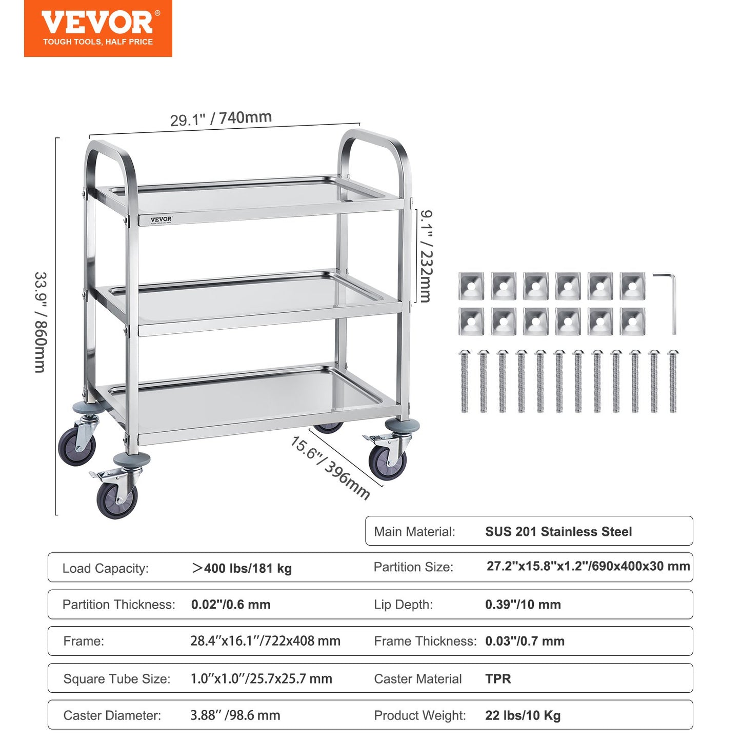 Stainless Steel Cart, 3 Layers Lab Utility Cart 400 lbs Weight Capacity, Medical Cart with Lockable Universal Wheels, for Lab, Clinic, Kitchen, Salon