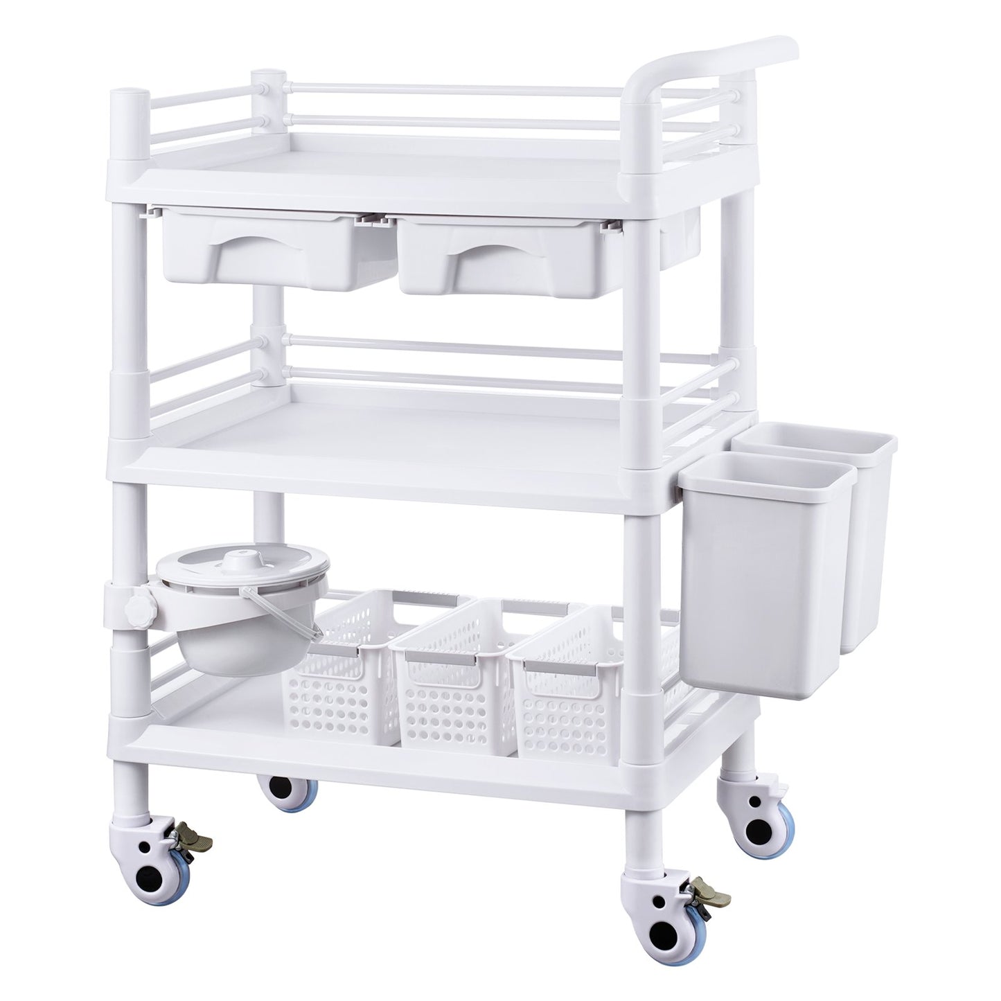 3 Tiers Lab Carts Mobile Medical Cart with 3 Trays & 3 Waste Bins White