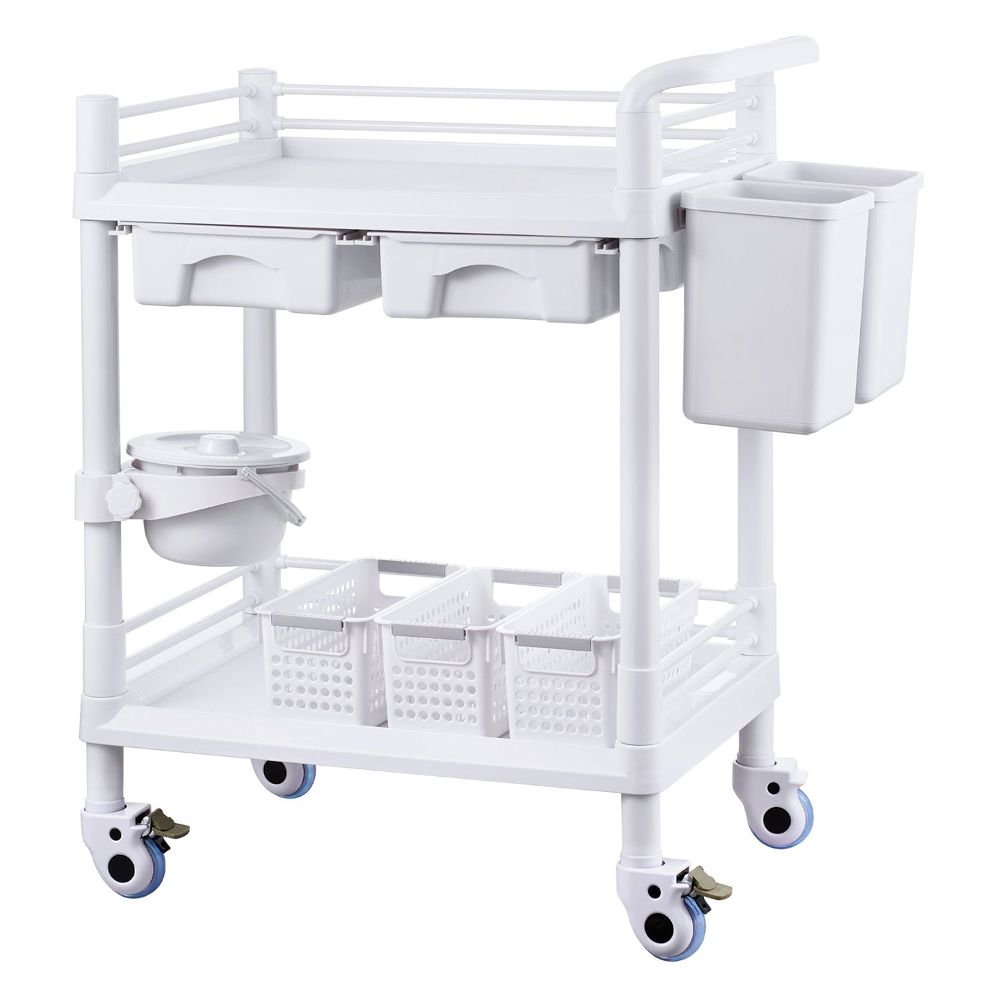 2 Tier Lab Carts Mobile Medical Cart 2 Trays 2 Drawers 3 Trash Cans White