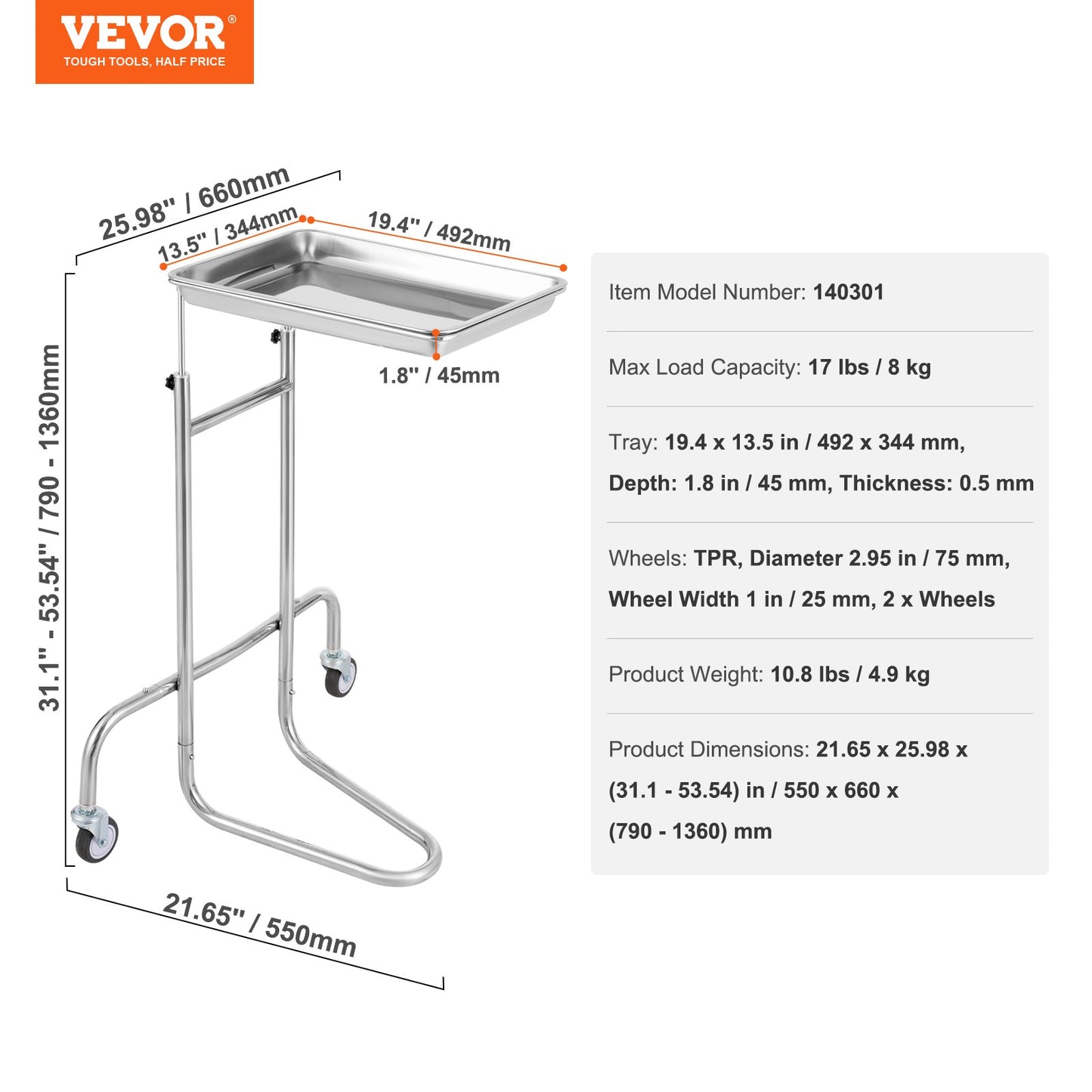 Stainless Steel Lab Carts, Lab Utility Cart with Single Tray, Mobile Medical Cart with 2 Silent Wheels, Lab Rolling Cart for Lab, Clinic, Hospital, Salon