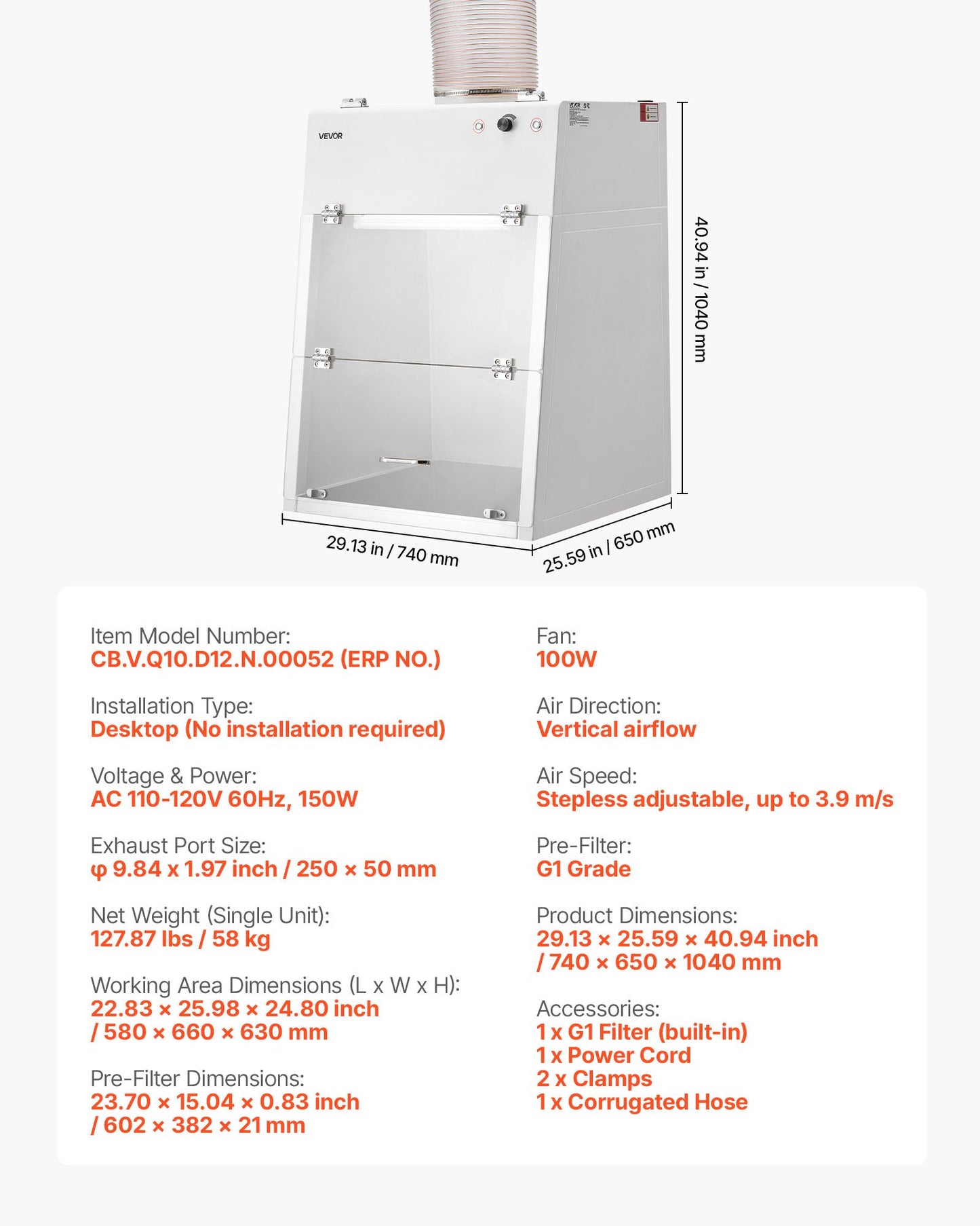 Ducted Fume Hood, 22.83 x 25.98 x 24.80 inch Working Area, Lab Fume Hood with LED Light and G1 Pre-Filter, Exhaust Equipment for Laboratory Fume Control and Pharmaceutical Compounding, White