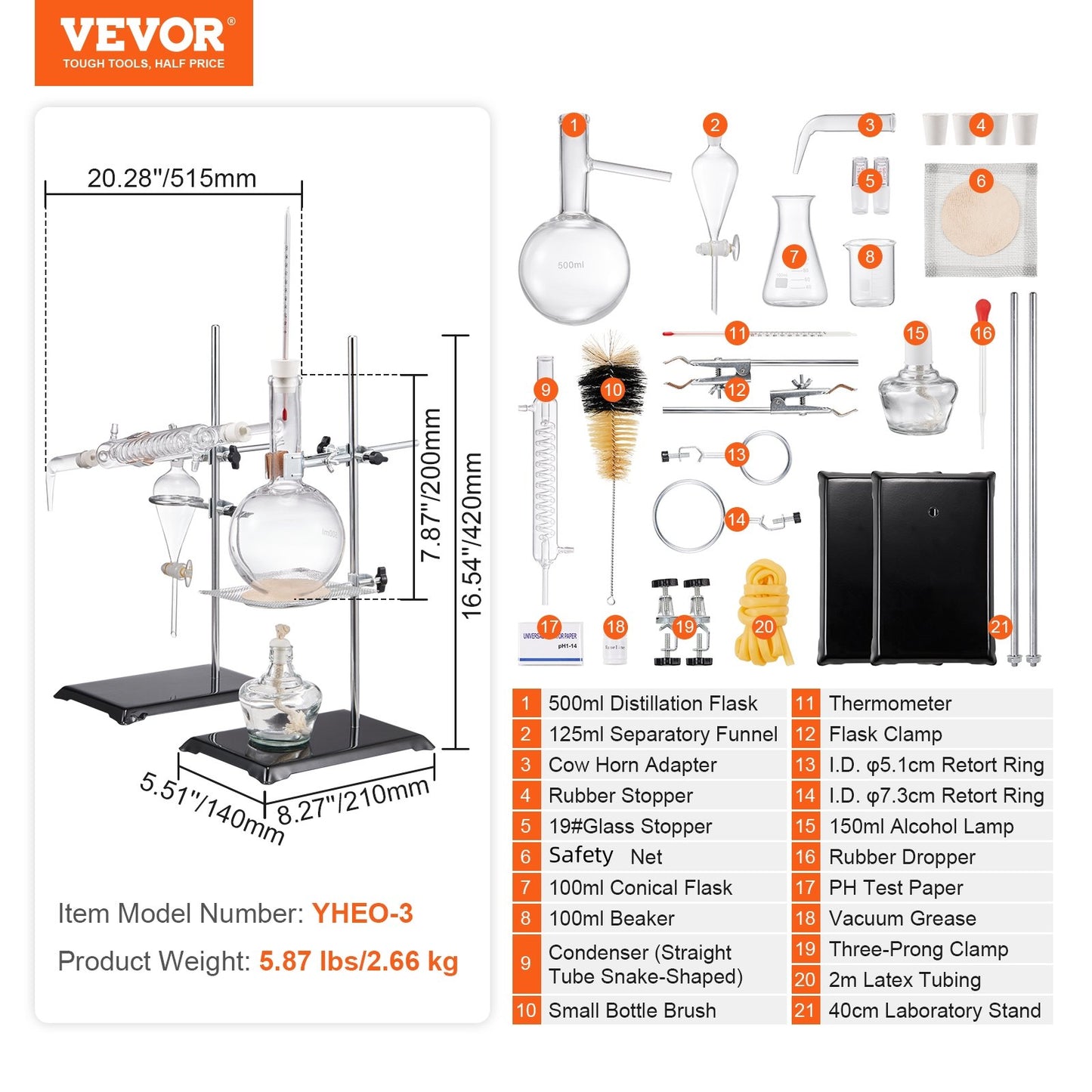 Essential Oil Distillation Kit, 500ml Distillation Apparatus, 3.3 Boro Lab Glassware Distillation Kit with Alcohol Lamp, Ceramic Mesh and 24, 40 Joint, 28 pcs Set