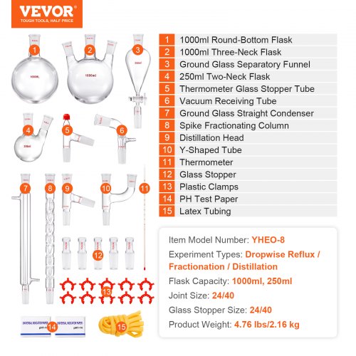 Lab Distillation Kit, 3.3 Boro Lab Glass Distillation Kit with 24, 40 Joints, 1000ml Essential Oil Distillation Equipment, 29pcs Glassware Set | EU