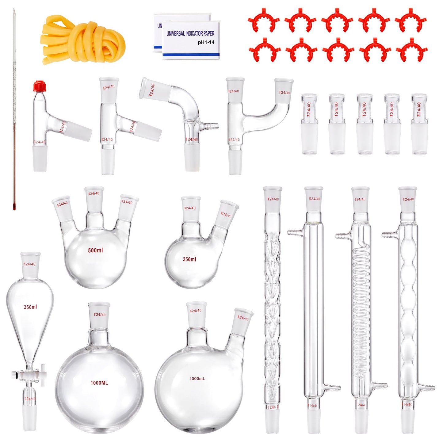 Lab Distillation Kit, 3.3 Boro Lab Glass Distillation Kit with 24, 40 Joints, 1000ml Essential Oil Distillation Equipment, 32pcs Set of Glassware