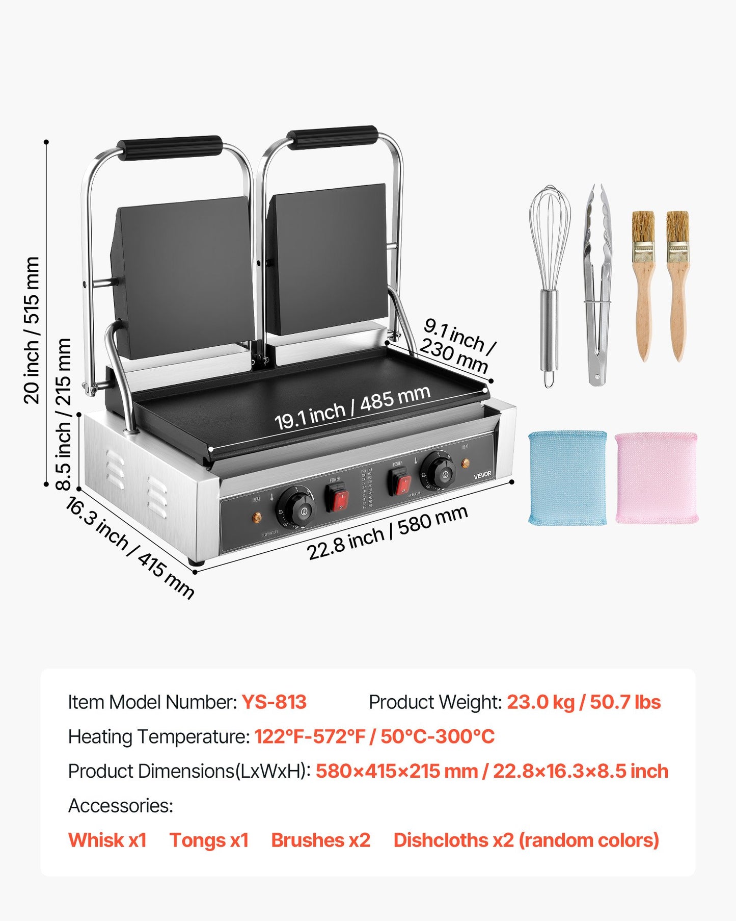 Commercial Panini Grill, 3600W Electric Sandwich Panini Maker, Stainless Steel Double Sandwichs Press with Handle and Temp Control, 19x9 in Full Flat Enamel Plate, for Hamburger Steak Bacon