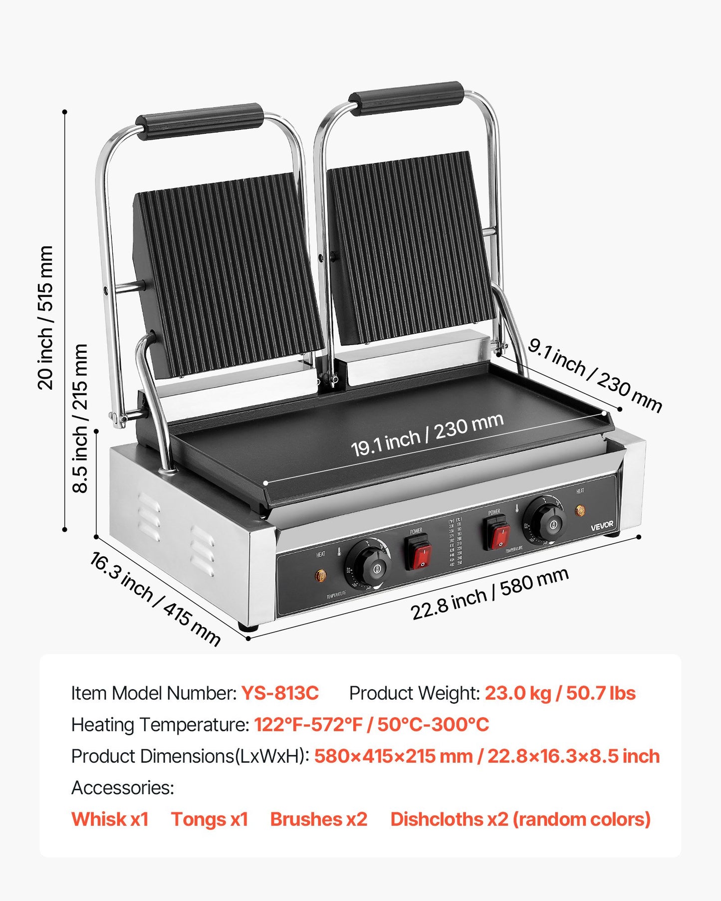 Commercial Panini Grill, 3600W Electric Sandwich Panini Maker, Stainless Steel Double Sandwichs Press Grill with Handle and Temp Control, 19x9 in Flat Enamel Plate for Hamburger Steak Bacon