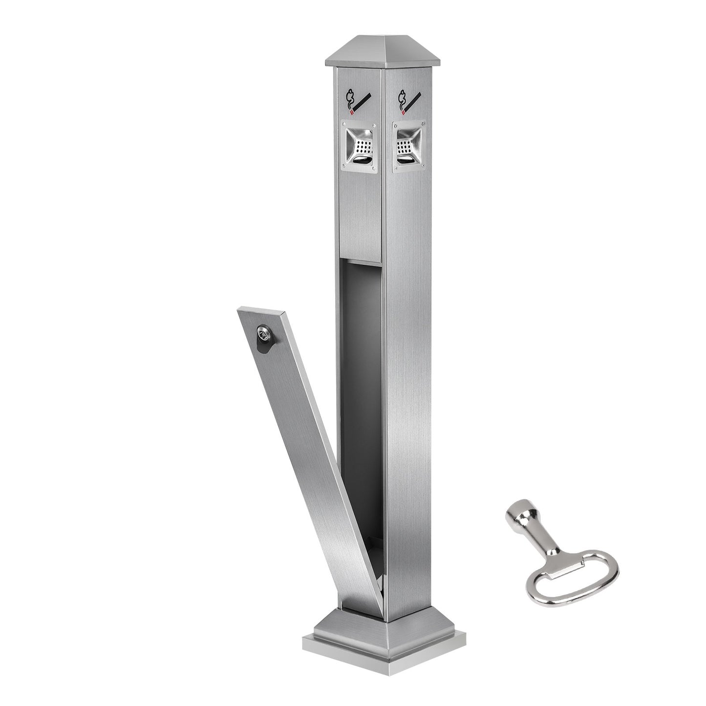 Cigarette Butt Receptacle, Square Cigarette Butt Container with 4 Disposal Openings & Top Cover, Stainless Steel Outdoor Cigarette Butt Disposal for Garden, Office, Restaurant, Hotel, Silver