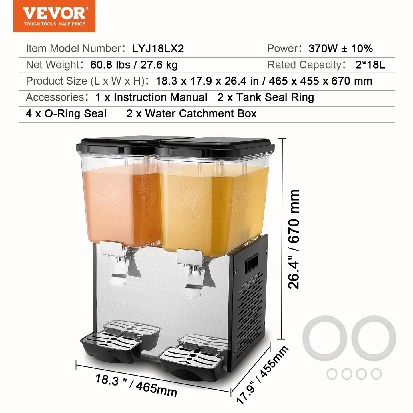 Commercial Beverage Dispenser, 2 Tanks 18 L / 19 QT Per Tank Juice Dispenser, 370W Stainless Steel Ice Tea Drink Machine with 45°F-54°F Cooling Temperature, for Cold Drink Restaurant Bar Party
