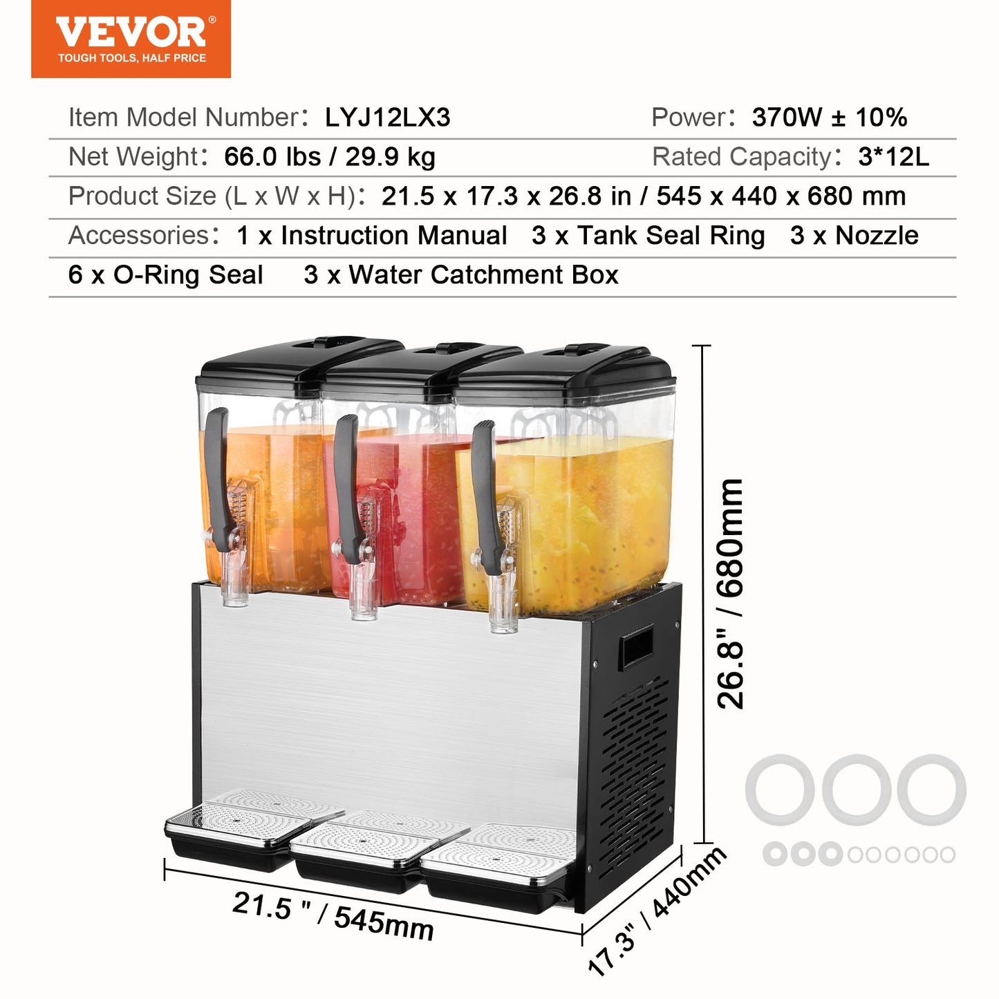 Commercial Beverage Dispenser, 3 Tanks 12 L / 12.7 QT Per Tank Juice Dispenser, 370W Stainless Steel Ice Tea Drink Machine with 45°F-54°F Cooling Temperature, for Cold Drink Restaurant Bar Party