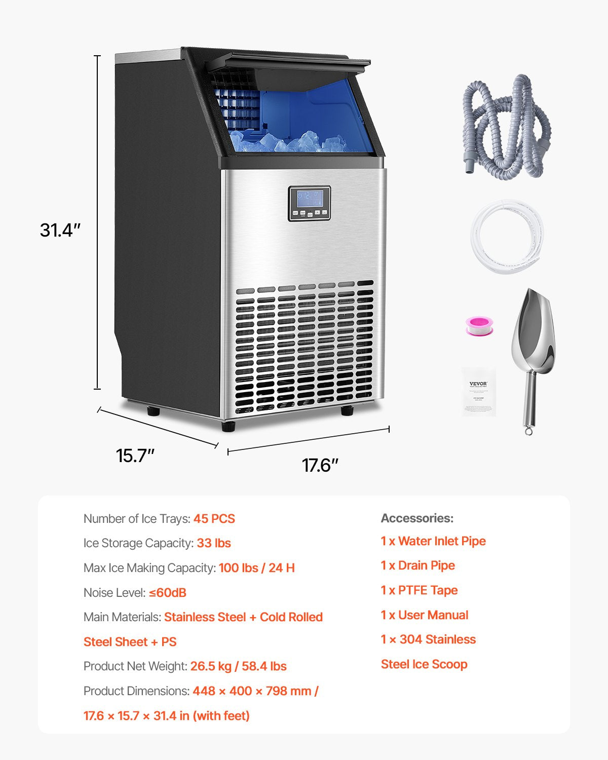 Commercial Ice Maker Machine, 100lbs/24H Ice Maker Machine with 33lbs Storage Capacity, 45 Ice Cubes in 15 Minutes, LED Digital Display Freestanding Self-Cleaning for Bar Office Restaurant