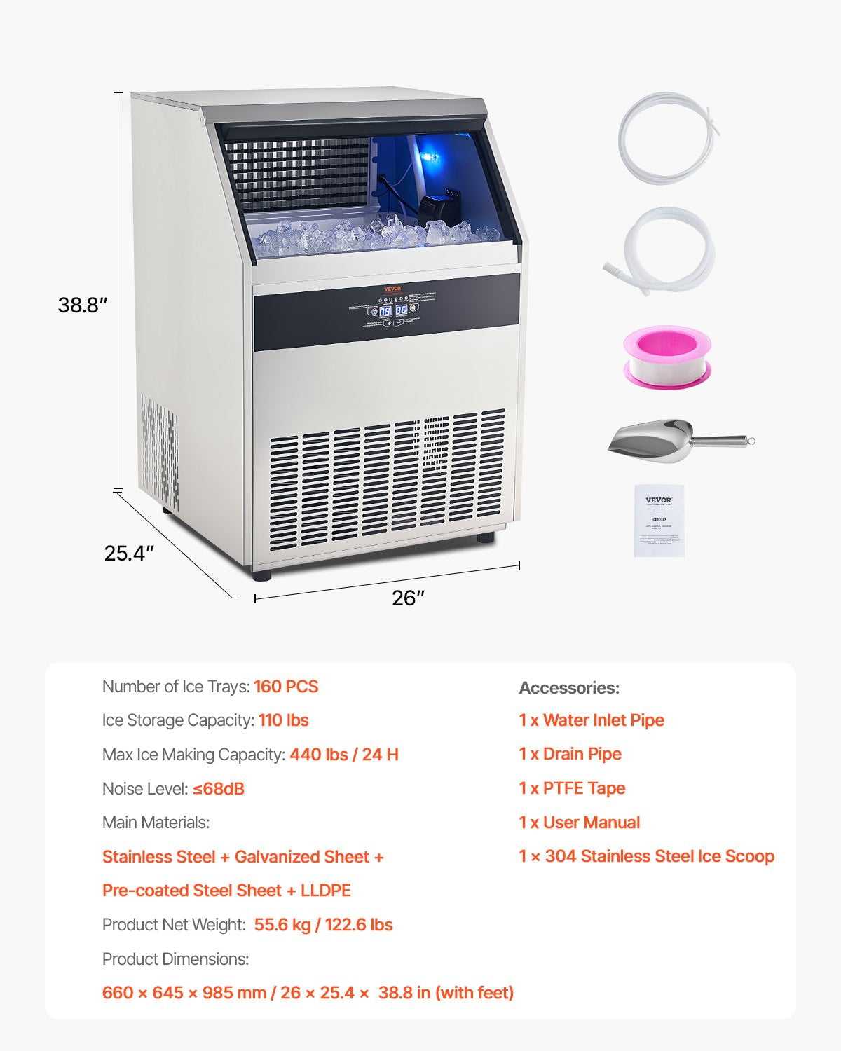 Commercial Ice Maker Machine, 440lbs/24H Ice Maker Machine with 130lbs Storage Capacity, 160 Ice Cubes in 15 Minutes, LED Digital Display Freestanding Self-Cleaning for Bar Office Restaurant