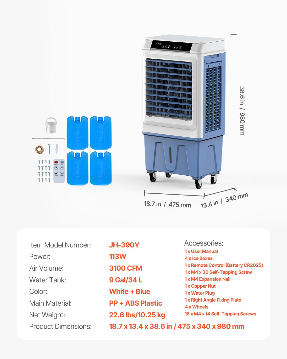 Evaporative Air Cooler, 3100 CFM with 9 Gallon Water Tank Swamp Cooler, Portable Cooling Fan with Remote Control, 12H Timer, 4 Ice Boxes, Quiet Operation, 3 Wind Speeds for Outdoor Indoor Use