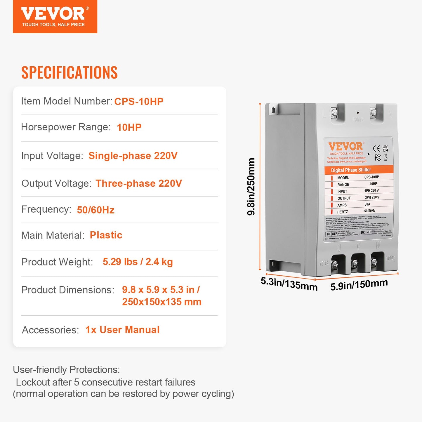 3 Phase Converter - 10HP 30A 220V Single Phase to 3 Phase Converter, Digital Phase Shifter for Residential and Light Commercial Use, 220V Input/Output (One Converter for One Motor Only)