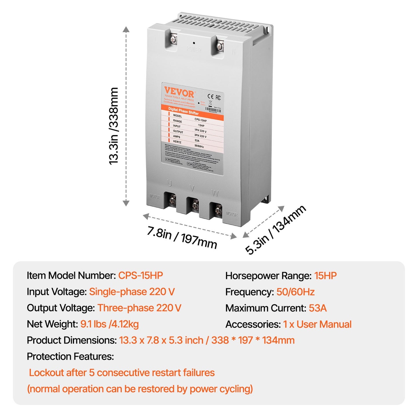 3 Phase Converter - 15HP 53A 220V Single Phase to 3 Phase Converter, 220V Input/Output, Digital Phase Shifter for Residential & Light Commercial Use (One Converter for One Motor Only)