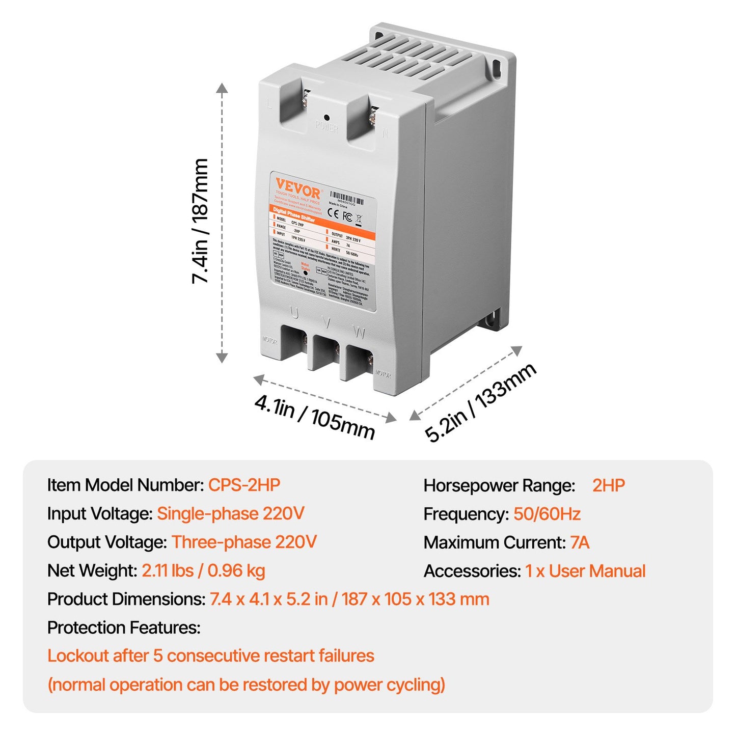3 Phase Converter - 2HP 7A 220V Single Phase to 3 Phase Converter, 220V Input/Output, Digital Phase Shifter for Residential & Light Commercial Use (One Converter for One Motor Only)