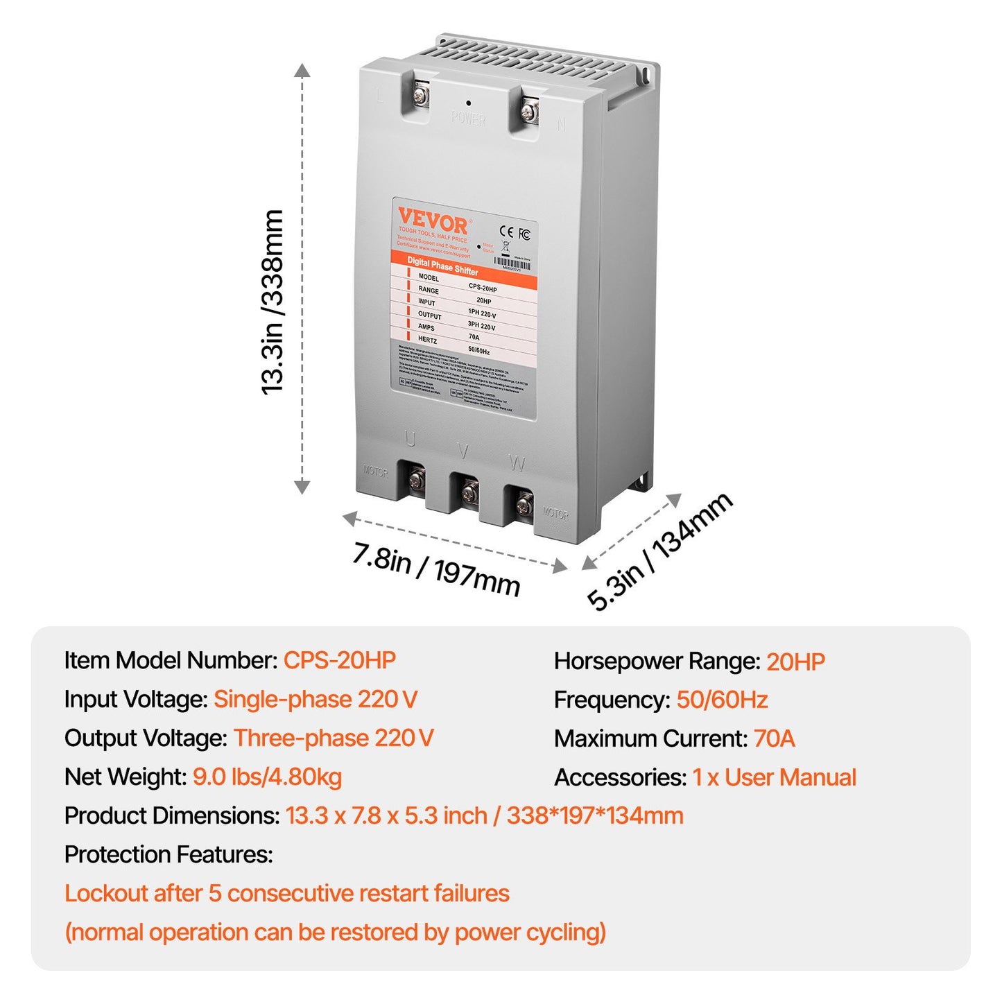 3 Phase Converter - 20HP 70A 220V Single Phase to 3 Phase Converter, 220V Input/Output, Digital Phase Shifter for Residential & Light Commercial Use (One Converter for One Motor Only)