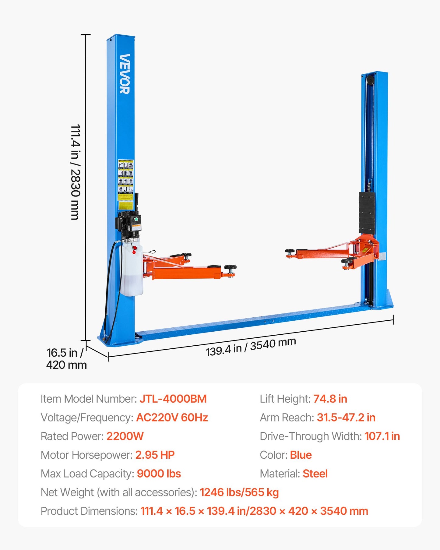 2 Post Lift, 9000 lbs Capacity, 220V 2.95 HP Powerful Motor, Two Post Car Lift Auto Hoist for Sedan SUV Pickup, Automotive Hoist 74.8 Inch Height for Home Garage, Repair Shop, Workshop, Blue