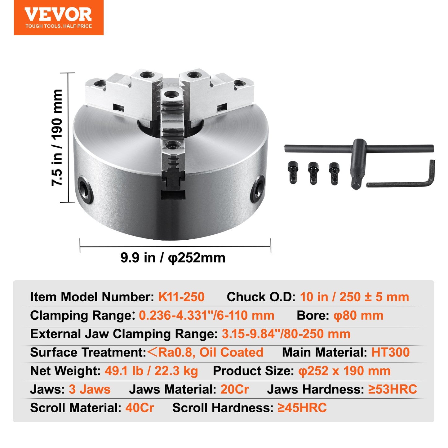 3-Jaw Lathe Chuck, 10'', Self-Centering Lathe Chuck, 0.24-9.84 in/6-250 mm Clamping Range with T-key Fixing Screws Hexagon Wrench, for Lathe 3D Printer Machining Center Milling Drilling Machine