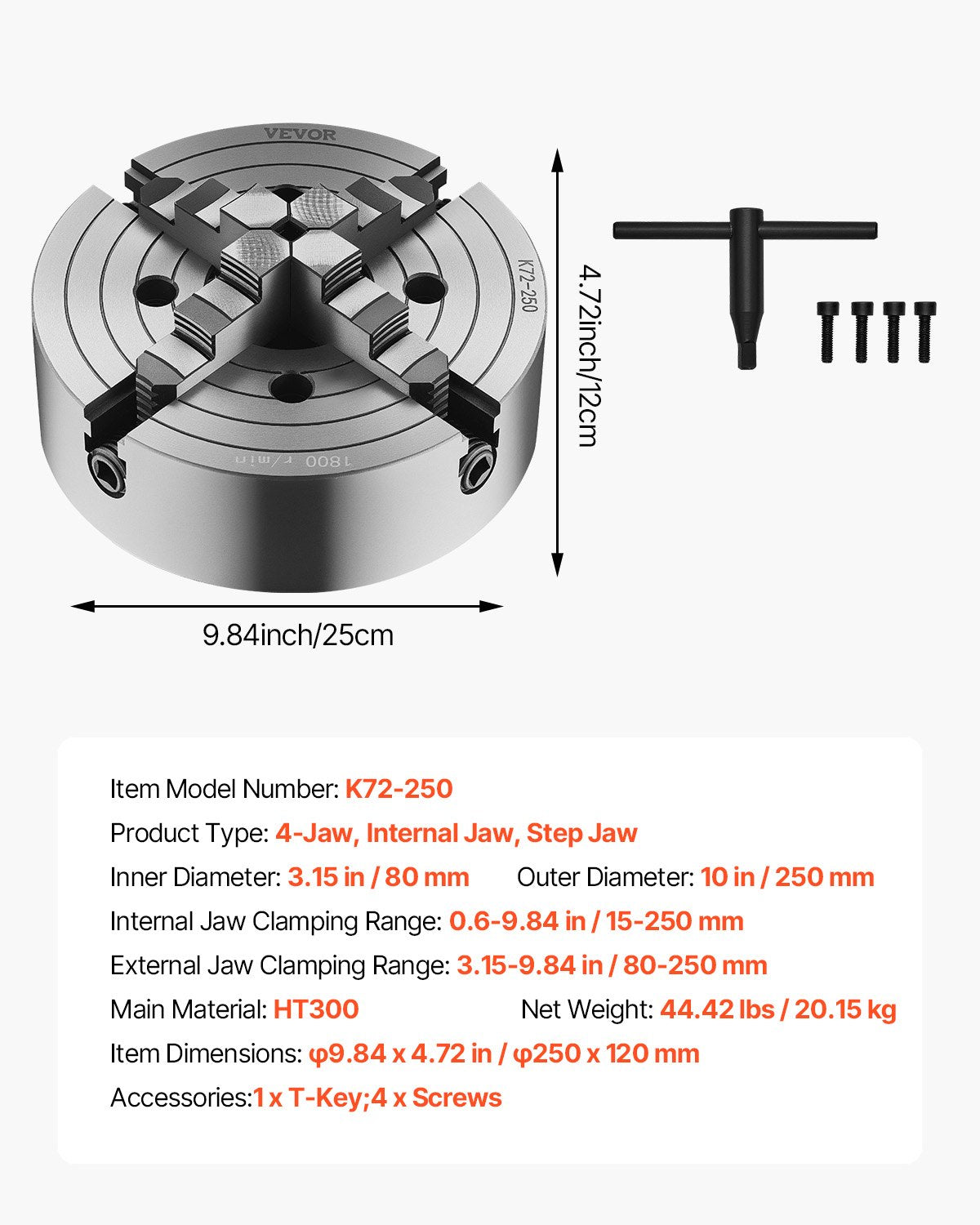 4-Jaw Lathe Chuck, 10 in (250 mm), Lathe Chuck, 0.6-9.84 in (15-250 mm) Clamping Range with T-key Fixing Screws Reversible Jaws, HT300 Cast Iron Material, Internal External for Wood Metal Lathe