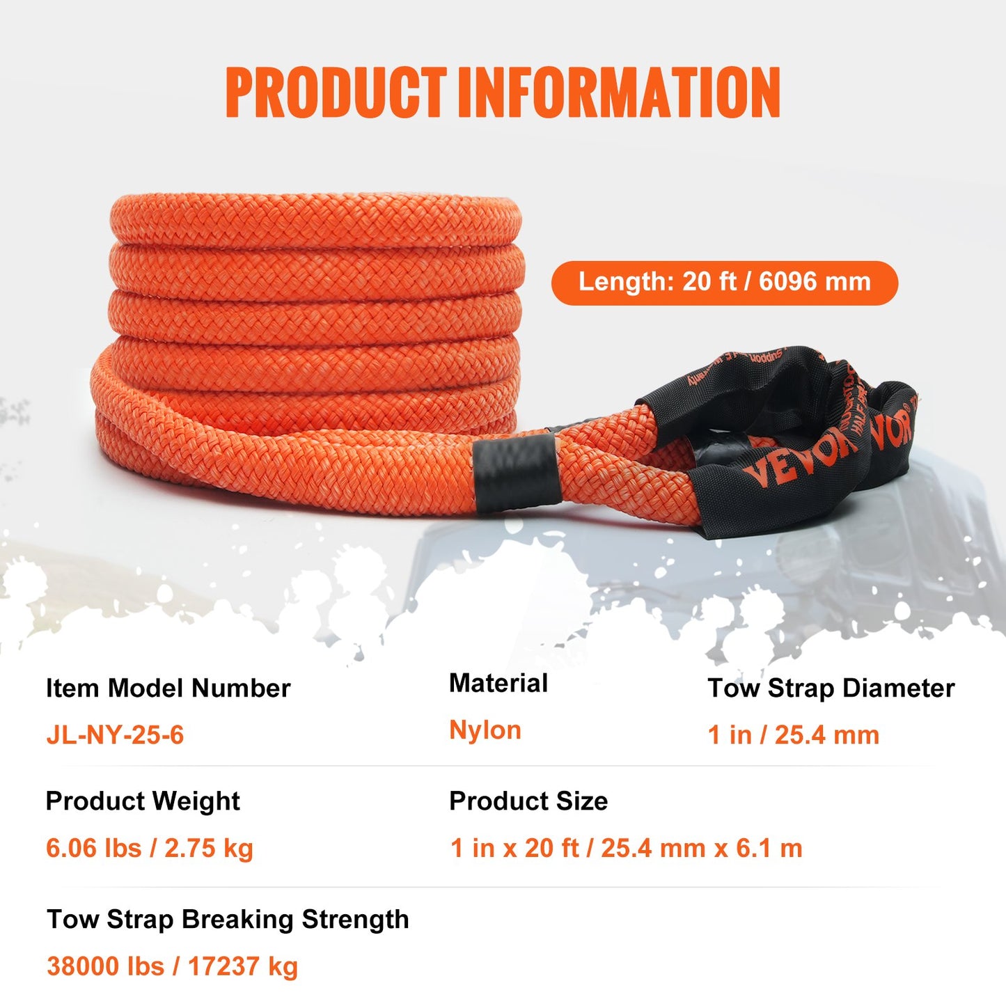 1" x 20' Kinetic Recovery Tow Rope 38,000 lbs, Heavy-Duty Off Road Snatch Strap, Extreme Duty 30% Elasticity Energy Snatch Strap for Jeep Car Truck ATV UTV SUV Tractor