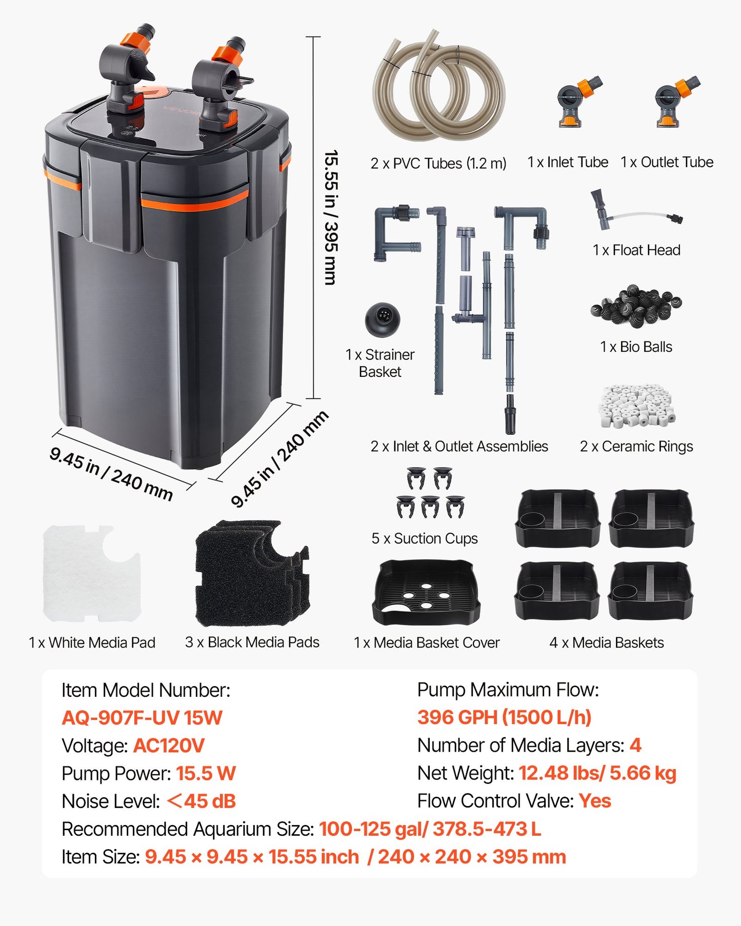 396GPH Canister Filter, 4-Stage External Aquarium Filter with Timed Light, Powerful Pump, Water Circulation Cleaning with Media for Large Fish Tanks & Aquariums Up to 125 Gallons, for Freshwater