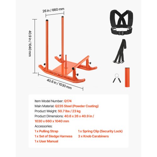 Viktkälke, Stålkraftkälke, Fitness Styrketräningskälkar för Atletisk Träning Hastighetsförbättring, Träningsutrustning med Handtag, Kompatibel med 25/51 mm Viktskivor, Orange | EU