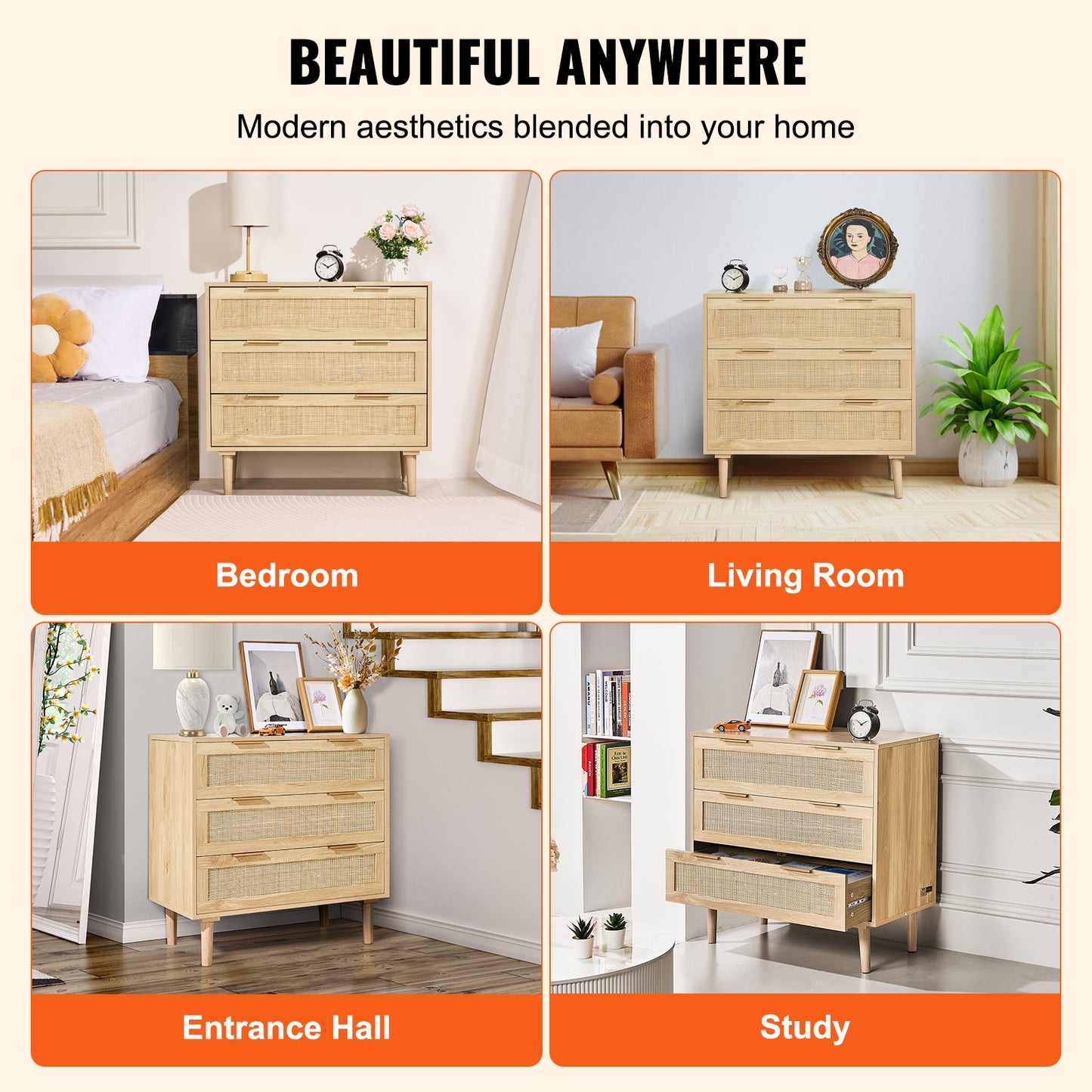 3 Drawer Rattan Dresser, Natural Rattan Closet Dresser with 3 Drawers, Modern Wood Chest Clothing Organizer & Storage Boho Dresser with Sturdy Handles & Legs, for Bedroom, Living Room & Hallway