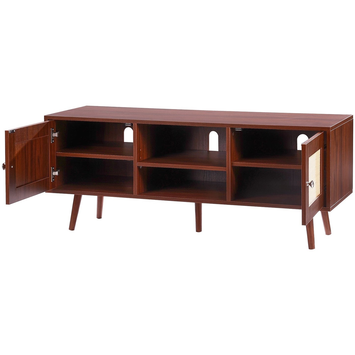 Rattan TV Stand, Boho TV Cabinet for 55 inch TV, Mid Century Modern TV Stand, Rattan TV Console with Adjustable Shelfs for Living Room, Media Room, Walnut