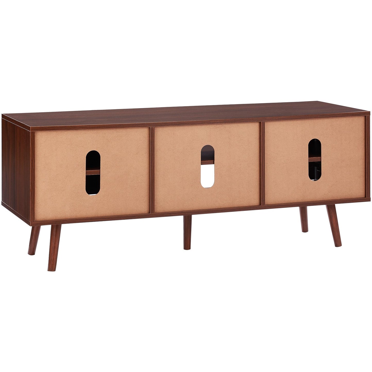 Rattan-TV-Ständer, Boho-TV-Schrank für 55-Zoll-Fernseher, Mid-Century Modern-TV-Ständer, Rattan-TV-Konsole mit verstellbaren Regalen für Wohnzimmer, Medienraum, Walnuss