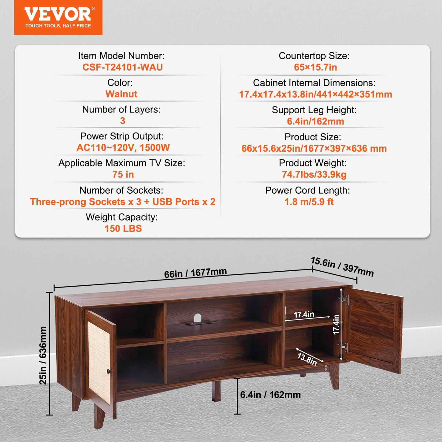 Rattan TV Stand for 75in TV, Boho TV Stand with Rattan Door, Entertainment Center with Build-in Socket, Storage Cabinet with 2 Shelves, Modern TV Console for Living Room, Media Room, Walnut