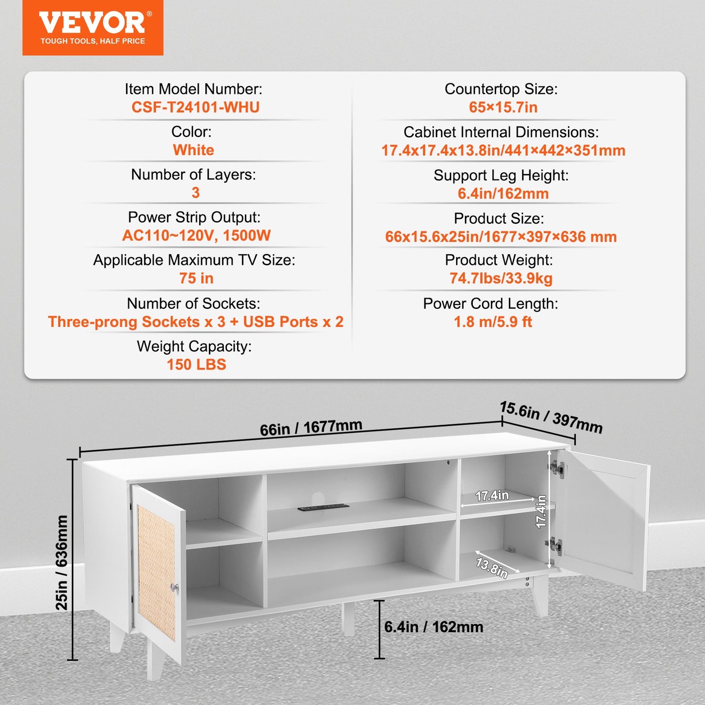 Rattan TV Stand for 75in TV, Boho TV Stand with Rattan Door, Entertainment Center with Build-in Socket, Storage Cabinet with 2 Shelves, Modern TV Console for Living Room, Media Room, White