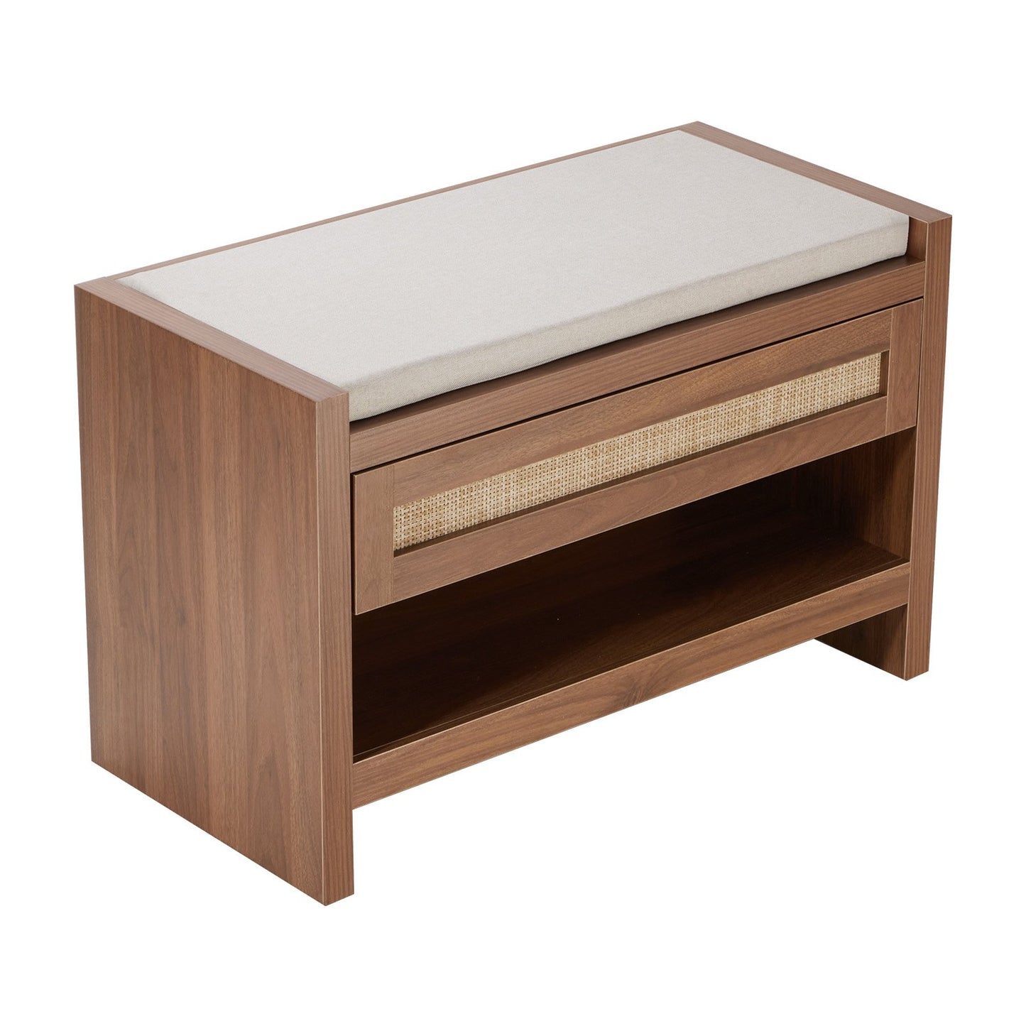 Rattan Bench, 30.9" Rattan Shoe Bench, Entryway Bench with Storage Drawer and Linen Seat Cushion, Farmhouse Boho Bench with Hand Woven Rattan, for Entryway, Bedroom, Living Room, Kitchen