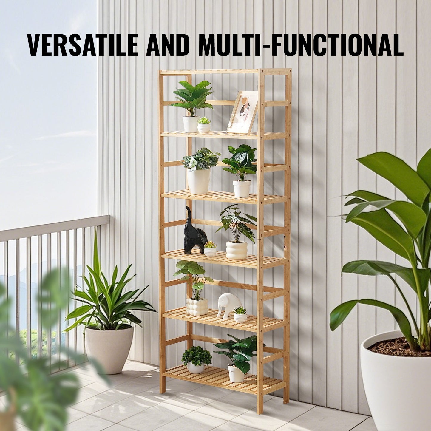 6-Tier Bamboo Shelf, Open Wood Bookshelf, Display Storage Rack Organizer, Freestanding Flower Plant Stand, Multifunctional Bamboo Bookshelf Ideal for Bathroom, Bedroom, Office, Study, Natural