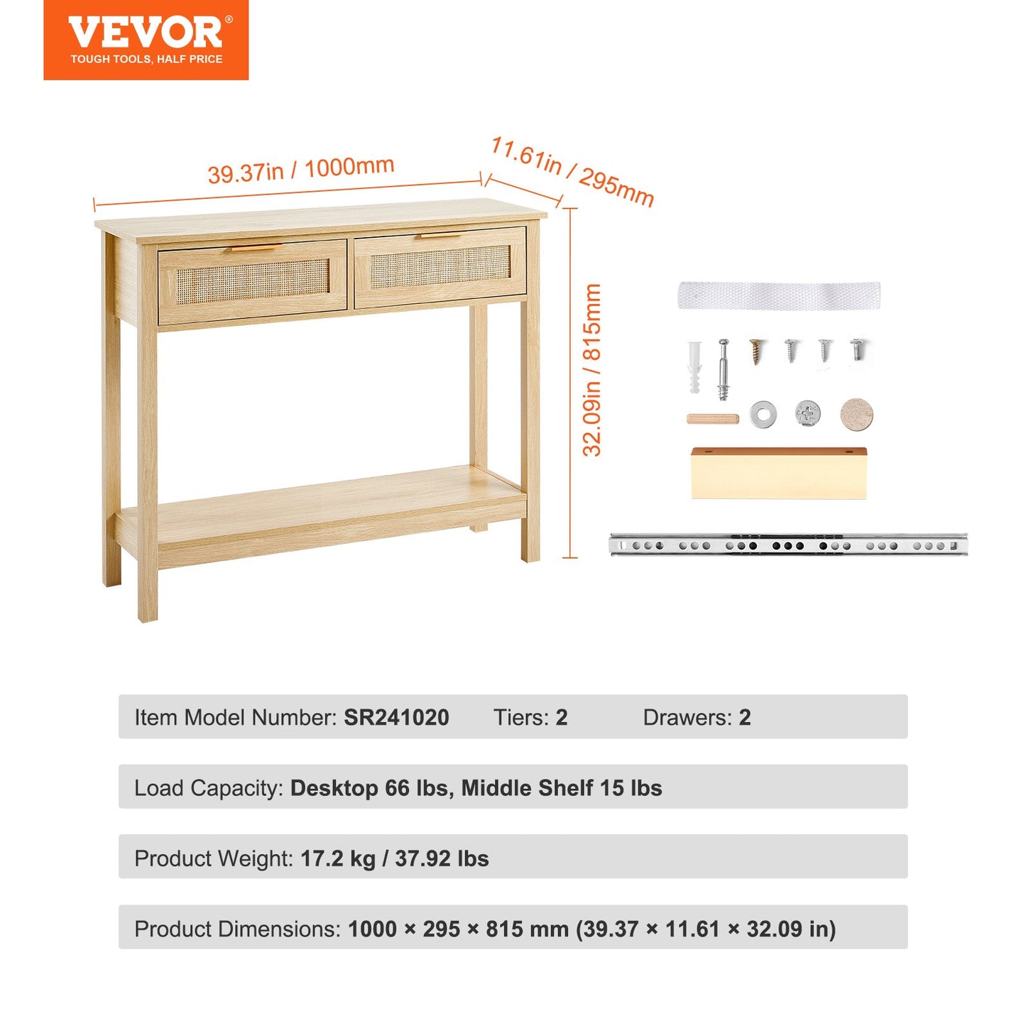 Rattan Console Table with 2 Storage Drawers, Rattan Entryway Table with Natural Rattan Sliding Door, Console Sofa Table for Living Room, Study, Entryway Or TV Wall, Natural
