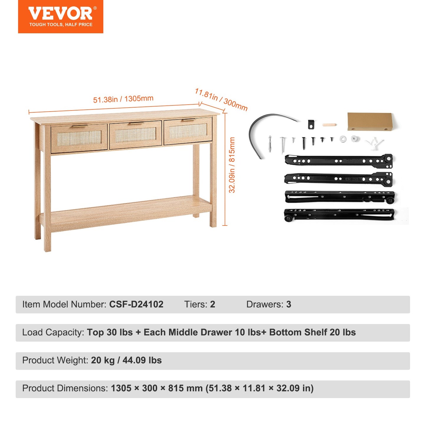 Rattan Console Table with 3 Storage Drawers, Rattan Entryway Table with Natural Rattan Sliding Door, Console Sofa Table for Living Room, Study, Entryway Or TV Wall, Natural