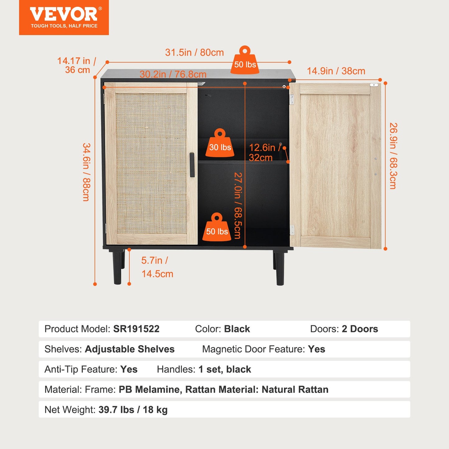 Rattan Cabinet, Rattan Storage Cabinet with 2 Magnetic Doors and Adjustable Shelves, Sideboard Buffet Cabinet for Hallway, Entryway, Living Room, or Kitchen, Black