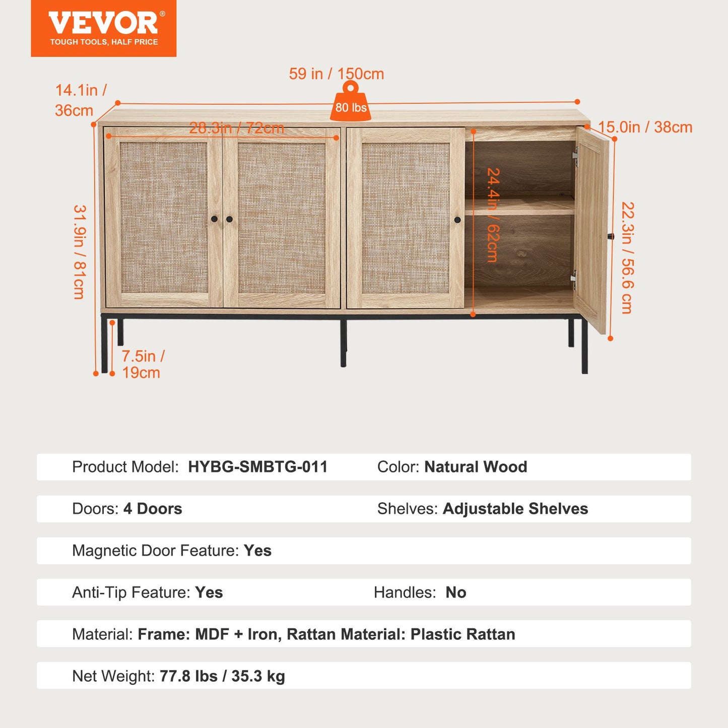 Rattan Cabinet, Rattan Storage Cabinet with 4 Magnetic Doors and Adjustable Shelves, Sideboard Buffet Cabinet for Hallway, Entryway, Living Room, or Kitchen, Natural
