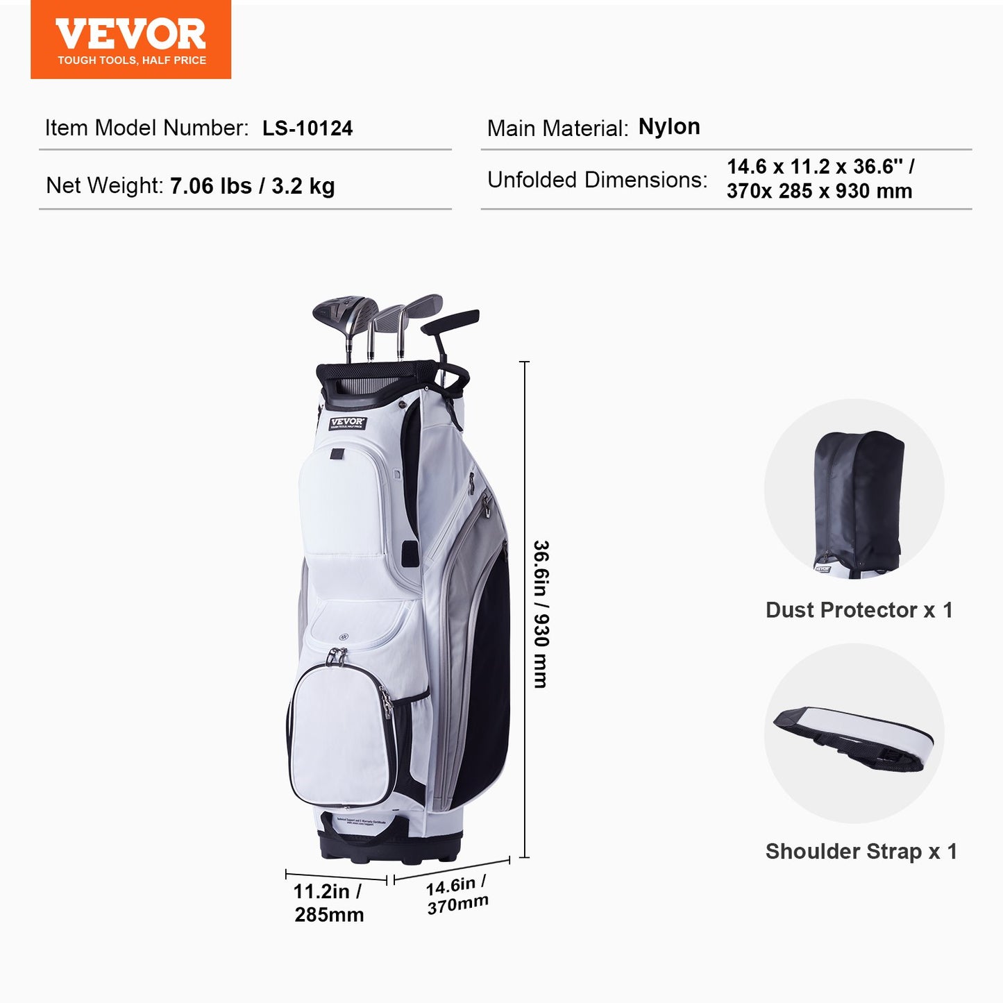 Golf Cart Bag with 14 Way Organizer Divider Top, 36” 13 Pockets Premium Nylon Cart Bag, Durable Golf Bags with Handles & Dust Cover & Detachable Straps for Men & Women, White Color-Block