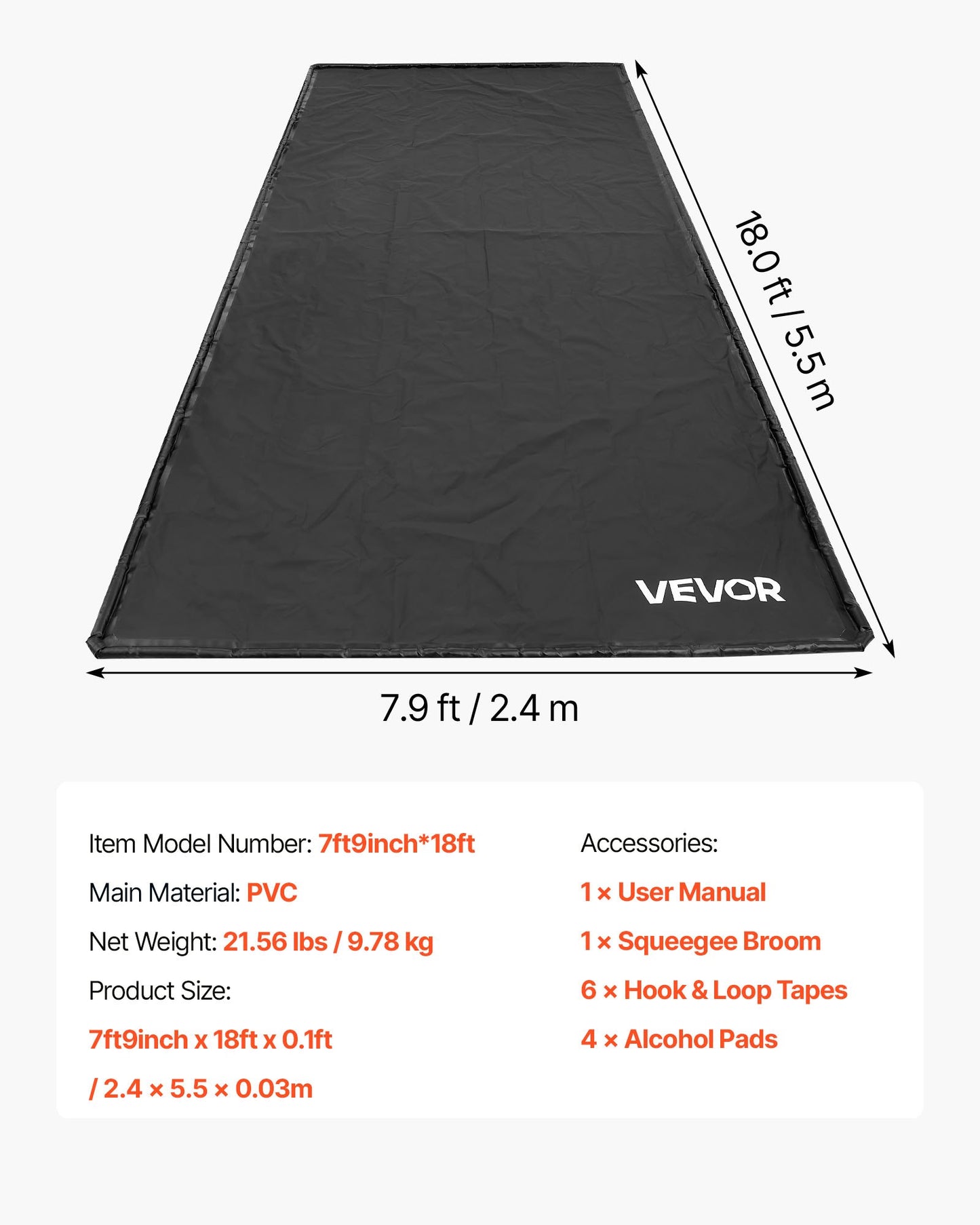 Containment Mat, 7 ft 9 in x 18 ft, Non-Slip PVC Garage Floor Mat with a Cleaning Squeegee, Heavy Duty Durable Waterproof Containment Protection from Snow, Rain and Mud for Cars Parking, Black
