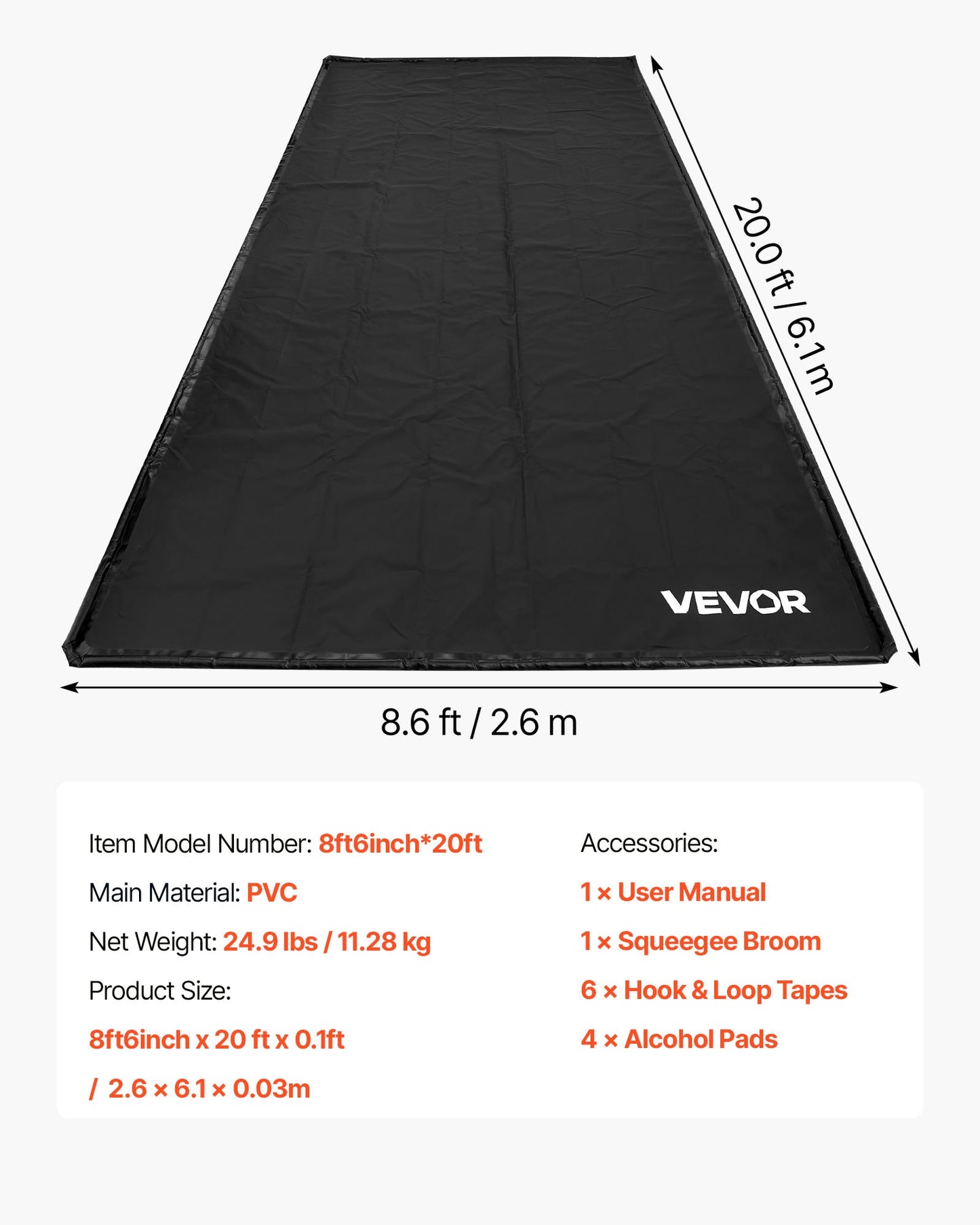 Containment Mat, 8 ft 6 in x 20 ft, Non-Slip PVC Garage Floor Mat with a Cleaning Squeegee, Heavy Duty Durable Waterproof Protection from Snow, Rain and Mud for Cars SUVs Trucks Parking, Black