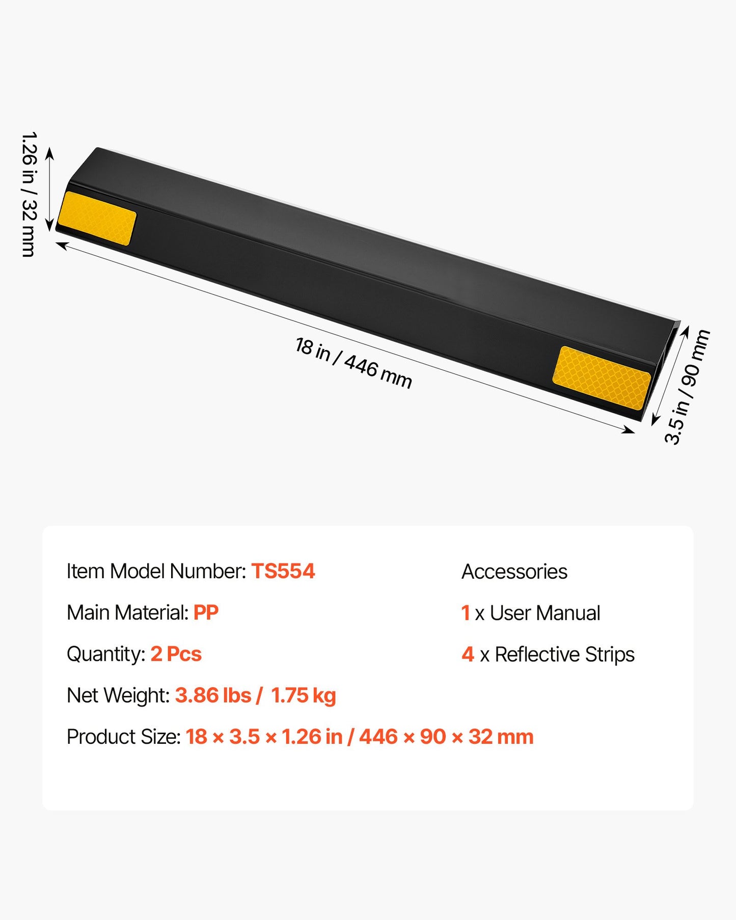 Parking Stopper, 18 Inch 2 Pcs Heavy Duty Parking Aid for Garage, PP Curb Garage Floor Stopper with Reflective Strips, Vehicles Gadgets for Cars Vans Trucks Tire Wheel Guide Block Stops Bumpers