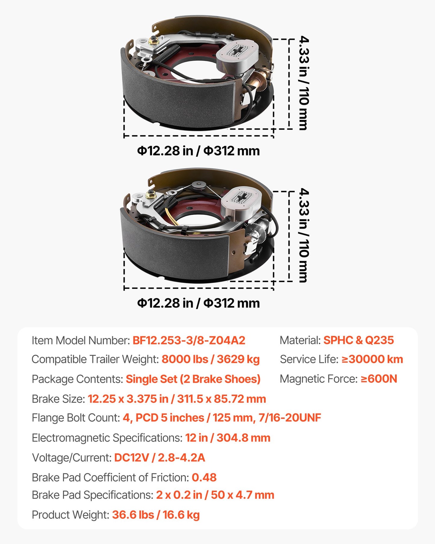Electric Trailer Brake Kit, 12.25 x 3.375 Inch, 1 Pair Self-Adjusting Electric Brakes Kit for 8000 lbs Trailer Axle, Backing Plates for Braking System Part Replacement, Fit for Trailers, RVs