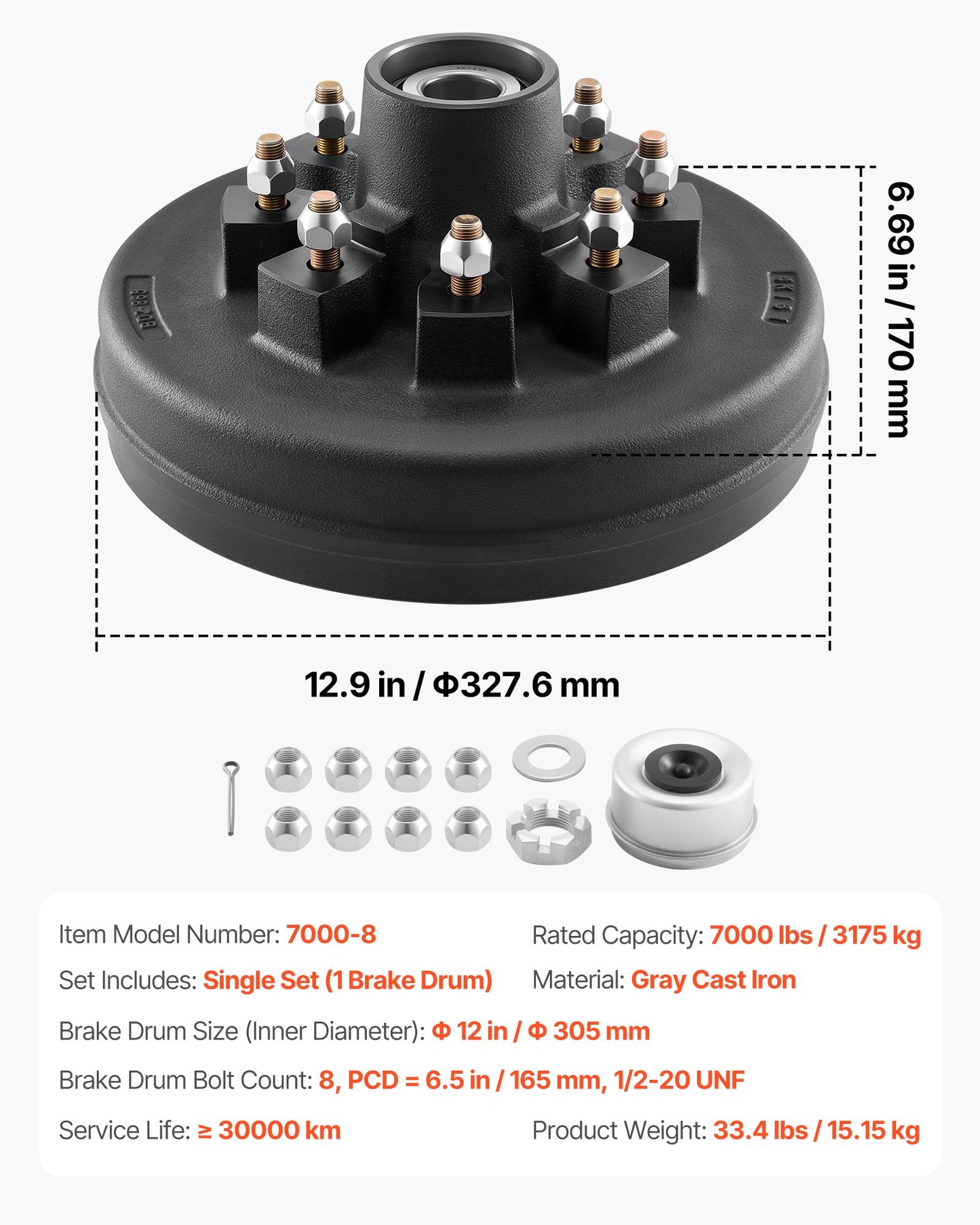 Electric Trailer Brake Drum, 1 Pack, 8-Hole on 4-Inch Bolt Circle Brake Drum for 7000 lbs Trailer Axles, Long Service Life, Replacement of 12 Inch Brake Hub Drums Assembly for Trailers, RVs