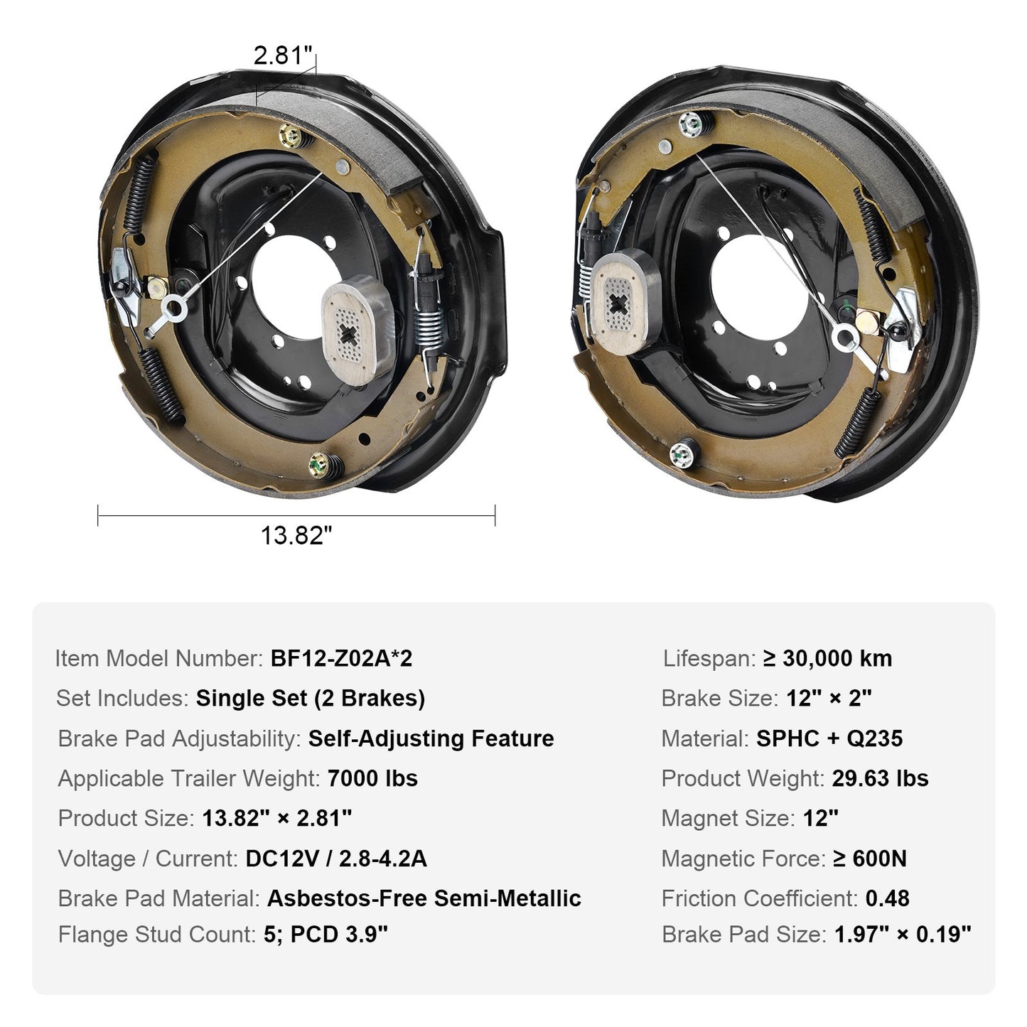 Electric Trailer Brake Assembly, 12" x 2", 1 Pair Self-Adjusting Electric Brakes Kit for 7000 lbs Axle, 5-Hole Mounting, Backing Plates for Braking System Part Replacement (1 Right + 1 Left)