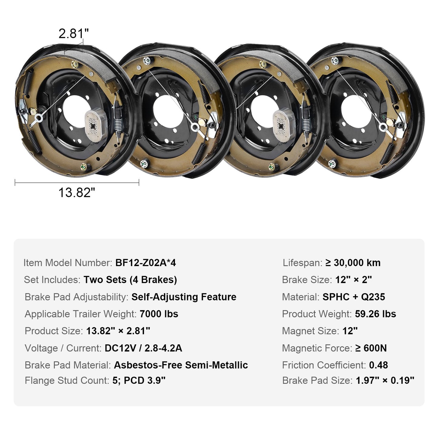 Electric Trailer Brake Assembly, 12" x 2", 2 Pairs Self-Adjusting Electric Brakes Kit for 7000 lbs Axle, 5-Hole Mounting, Backing Plates for Braking System Part Replacement (2 Right + 2 Left)