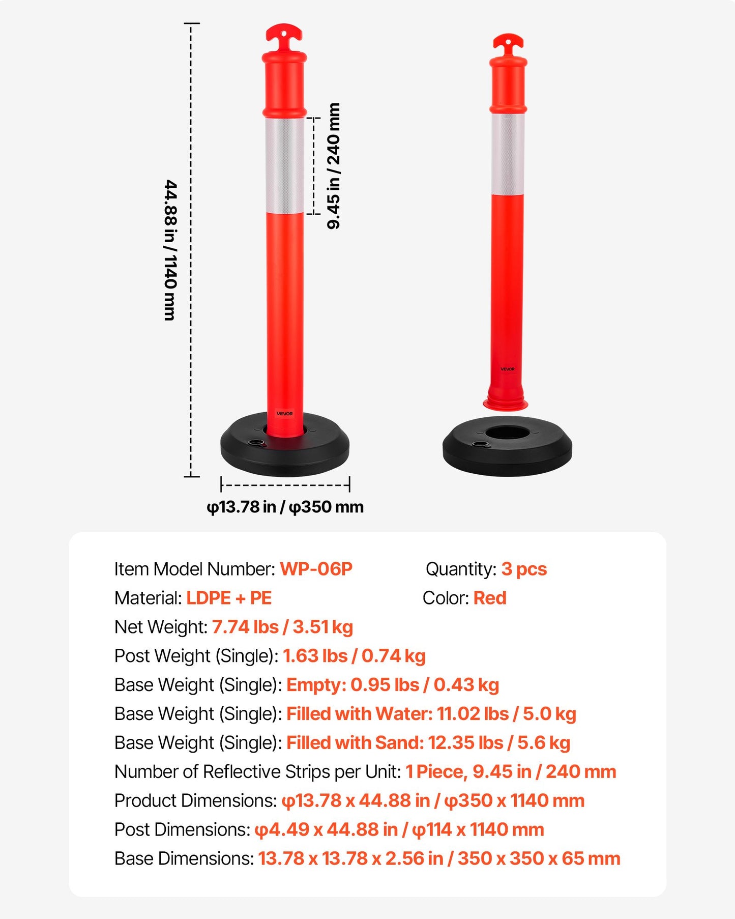 3 Pack Traffic Delineator Posts, 48 inches Traffic Safety Cones with Fillable Base and Reflective Strips, Heavy Duty Delineator Posts for Construction Site, Parking Lot, Crowd Control, Red