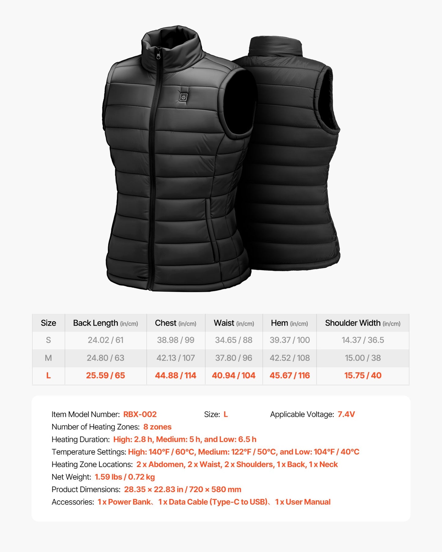 Heated Vest, Women Electric Heating Vest with 16000 mAh Battery Pack, 8 Heating Zones Lightweight Rechargeable Winter-Vest with 3 Levels, for Outdoor Hiking Camping Fishing Skiing, Size L