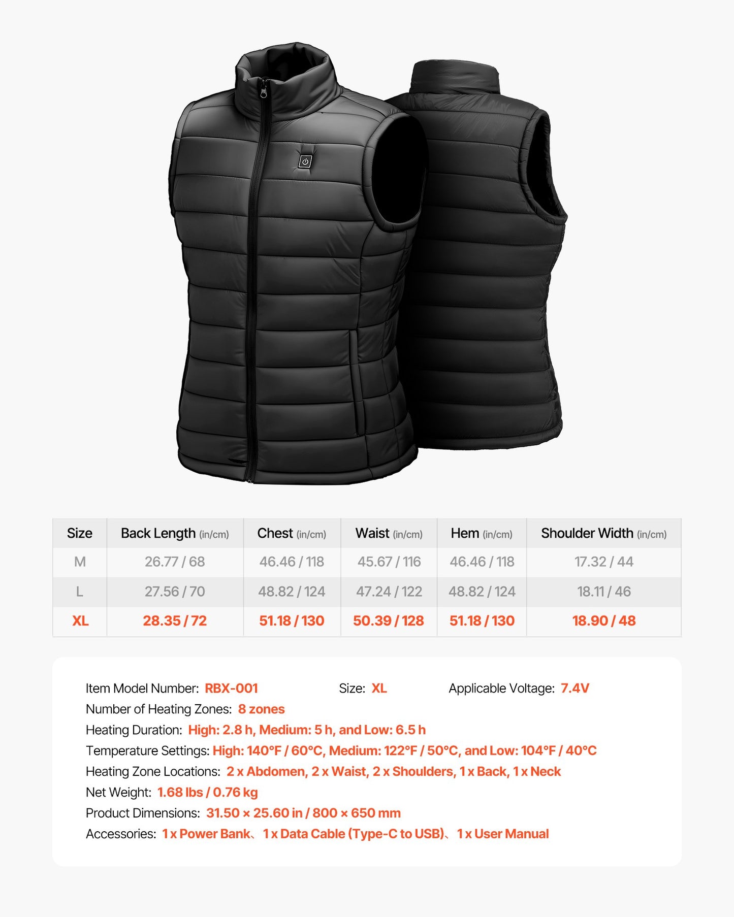 Heated Vest, Men Electric Heating Vest with 16000 mAh Battery Pack, 8 Heating Zones Lightweight Rechargeable Winter-Vest with 3 Levels, for Outdoor Hiking Camping Fishing Skiing, Size XL