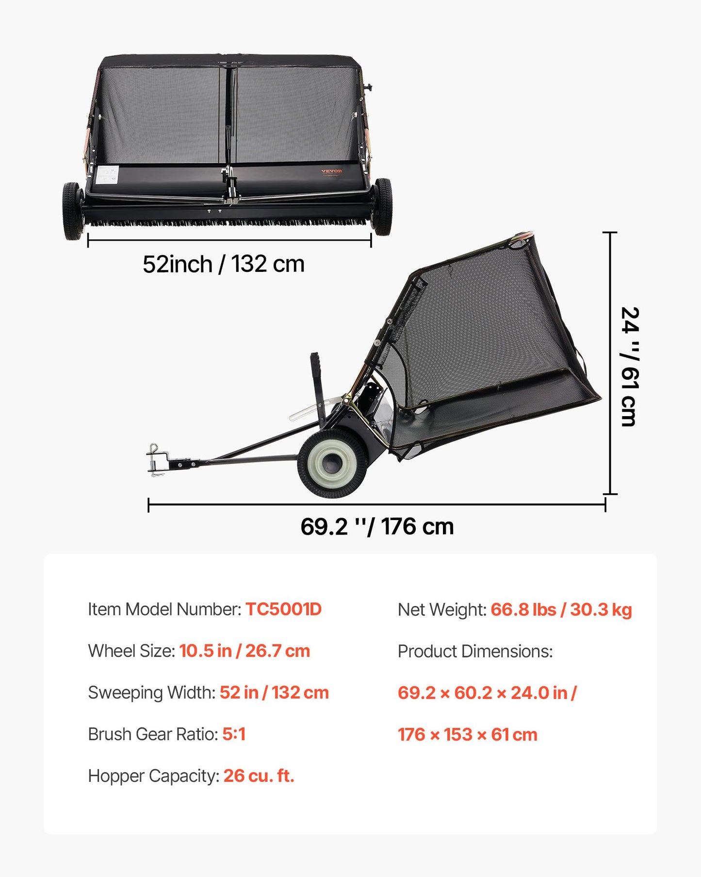 52 in Tow Behind Lawn Sweeper, 26 cu.ft. Large Yard Sweeper, Adjustable Sweeping Height, Heavy Duty Leaf & Grass Collector with Dumping Rope, Pull Behind Sweepers for Debris Grass Clippings